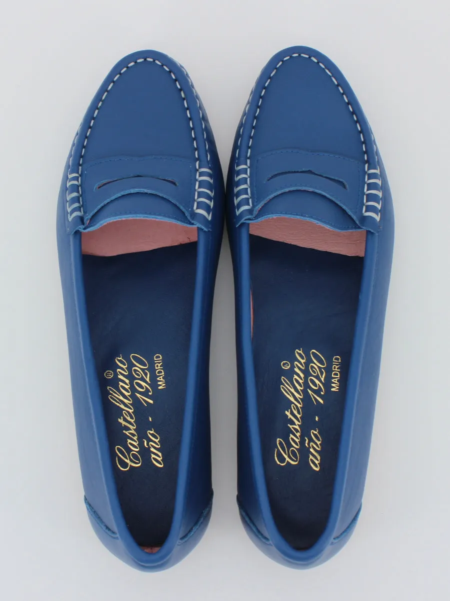 Blue leather women's Roma loafers.