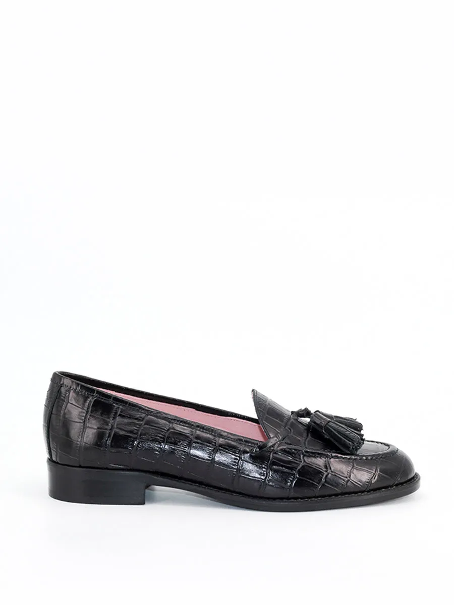 Black leather coconut skin tassel loafers Ibiza.