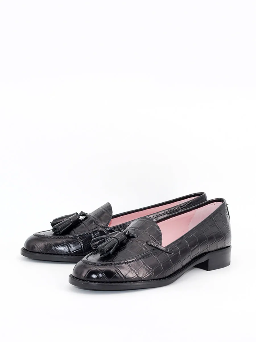 Black leather coconut skin tassel loafers Ibiza.