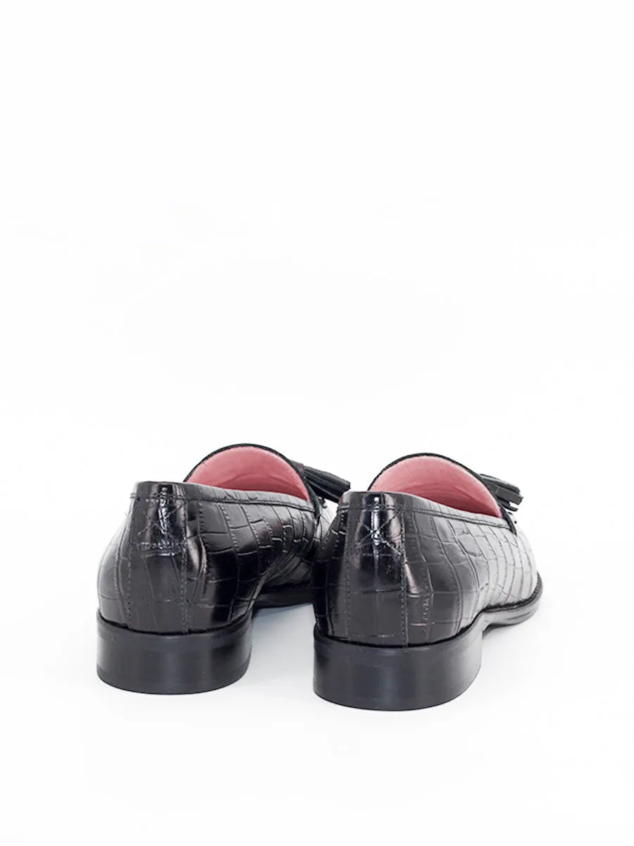 Black leather coconut skin tassel loafers Ibiza.