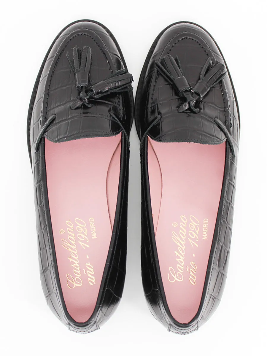 Black leather coconut skin tassel loafers Ibiza.