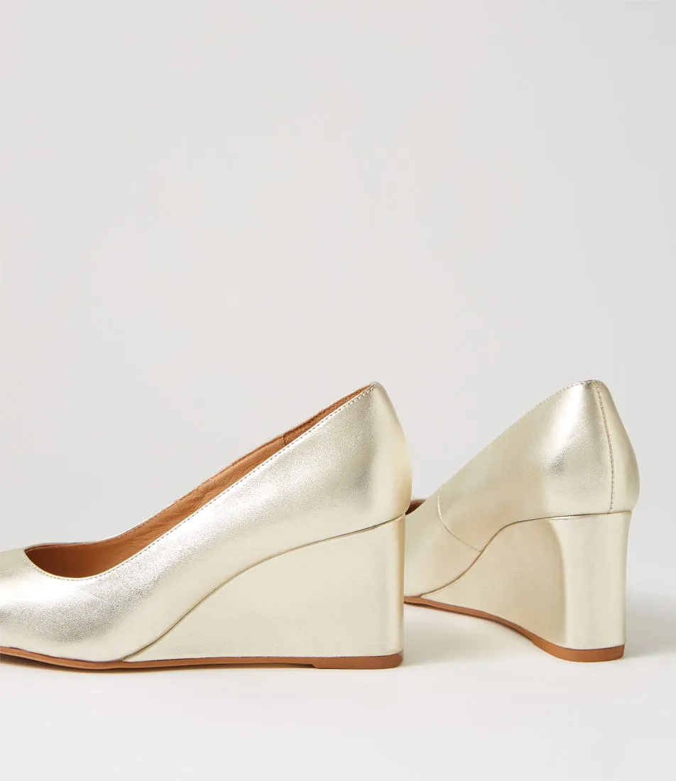 Stylish Pale Gold Leather Platform Wedges