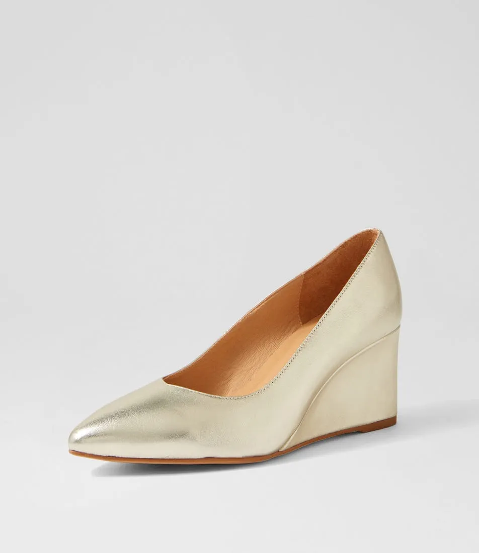 Stylish Pale Gold Leather Platform Wedges