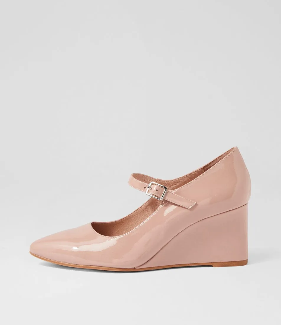 Elegant Blush Patent Leather Heeled Wedges