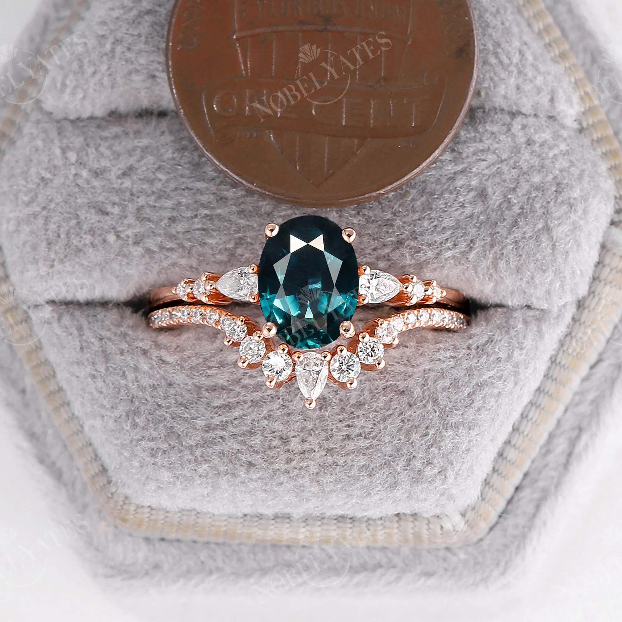 Natural Teal Sapphire Oval Rose Gold Bridal Set Curved Matching Band