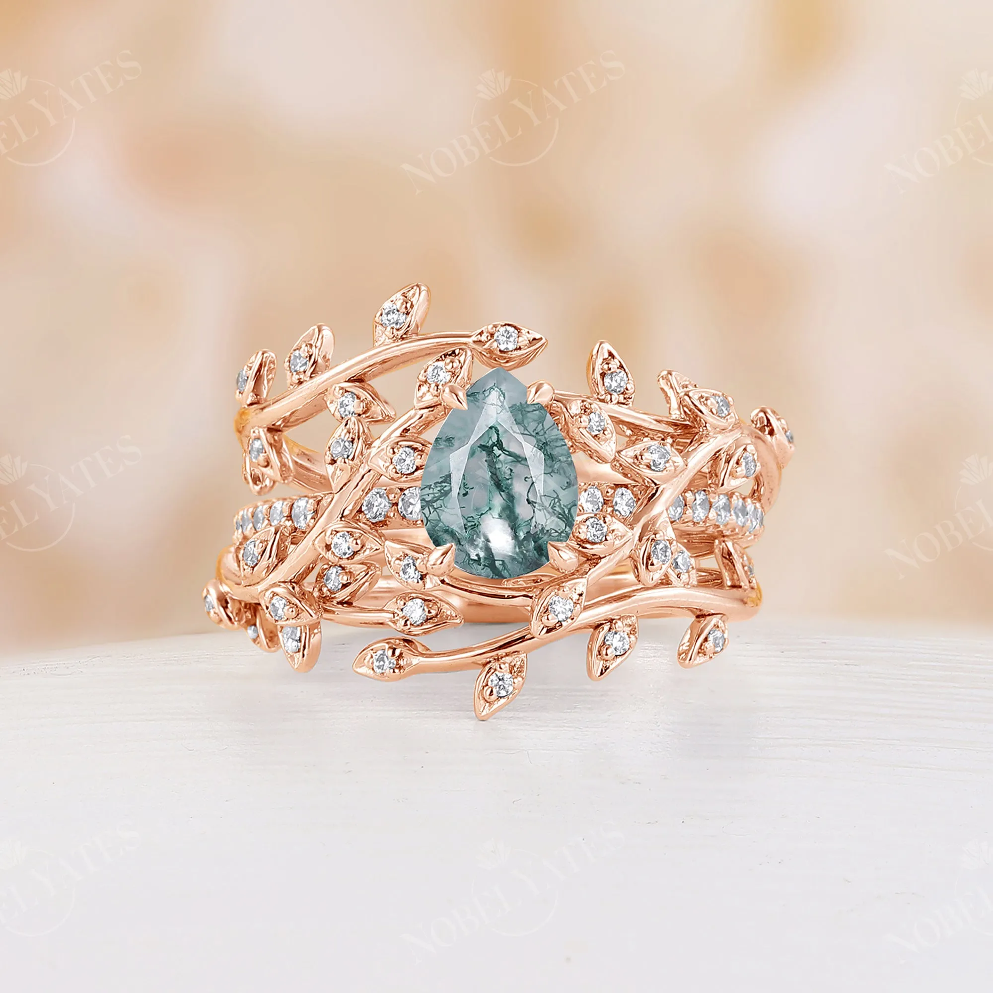 Nature Inspired Branch Leaf Pear Moss Agated Engagement Ring Set Rose Gold