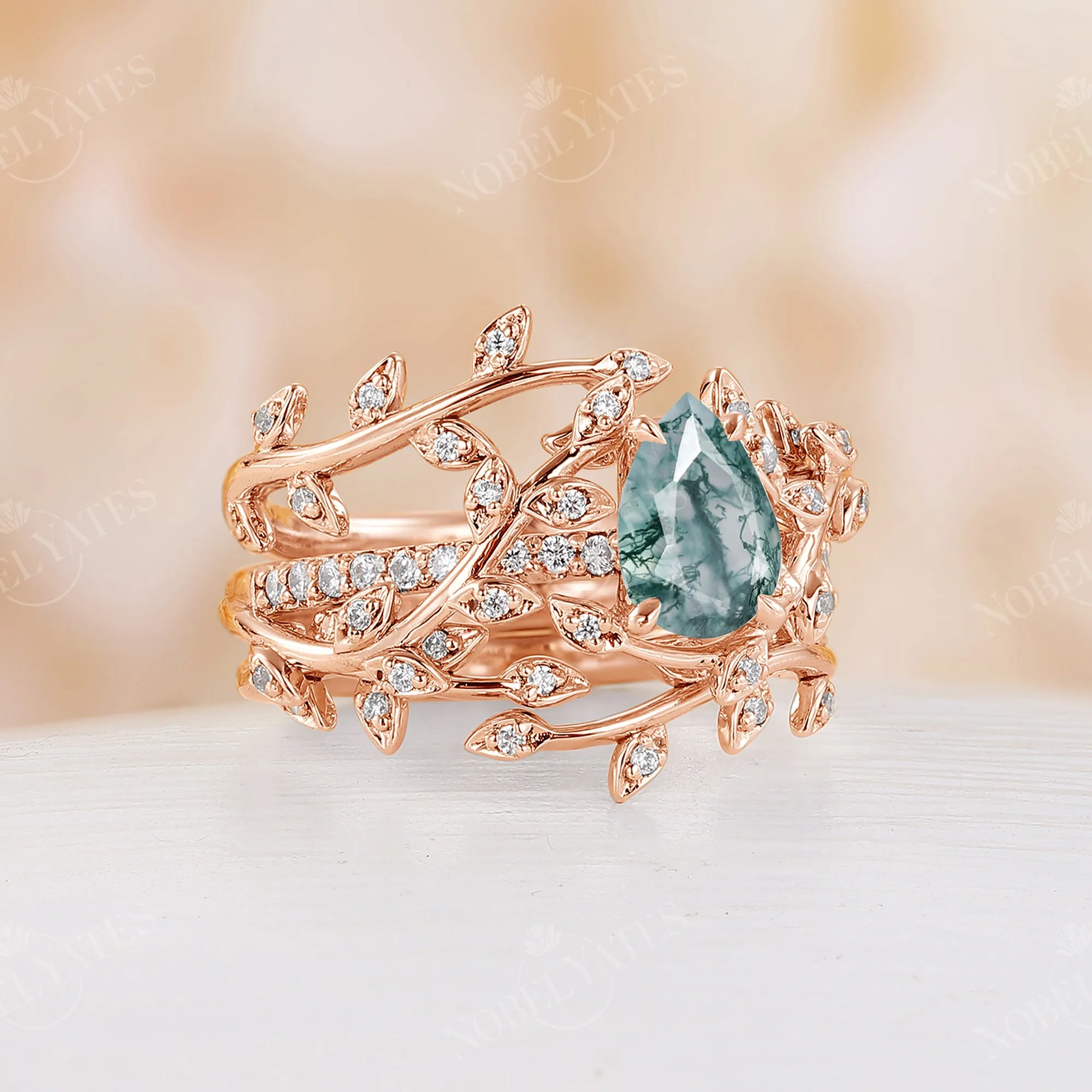 Nature Inspired Branch Leaf Pear Moss Agated Engagement Ring Set Rose Gold