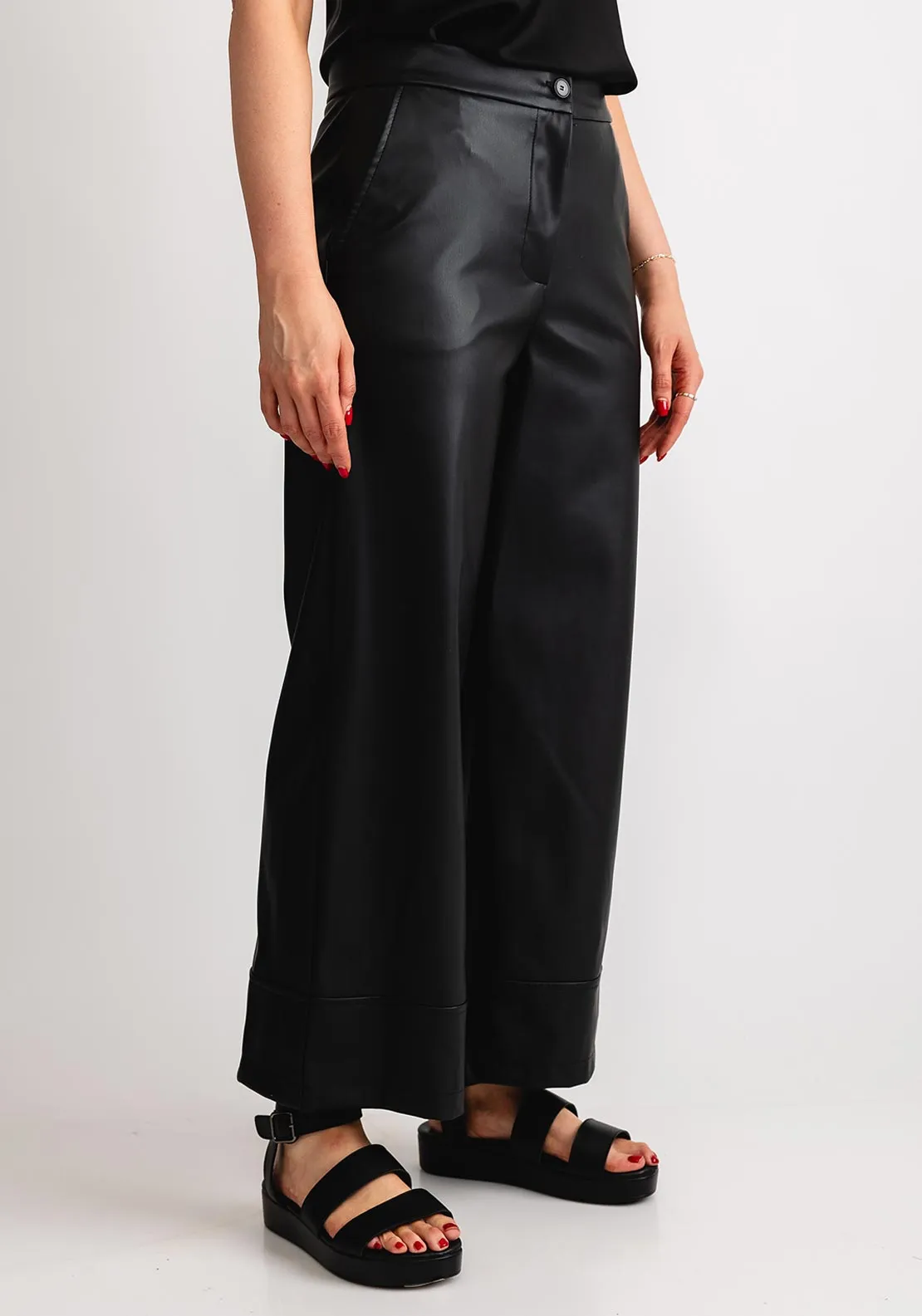 Naya Faux Leather Wide Leg Trousers, Black