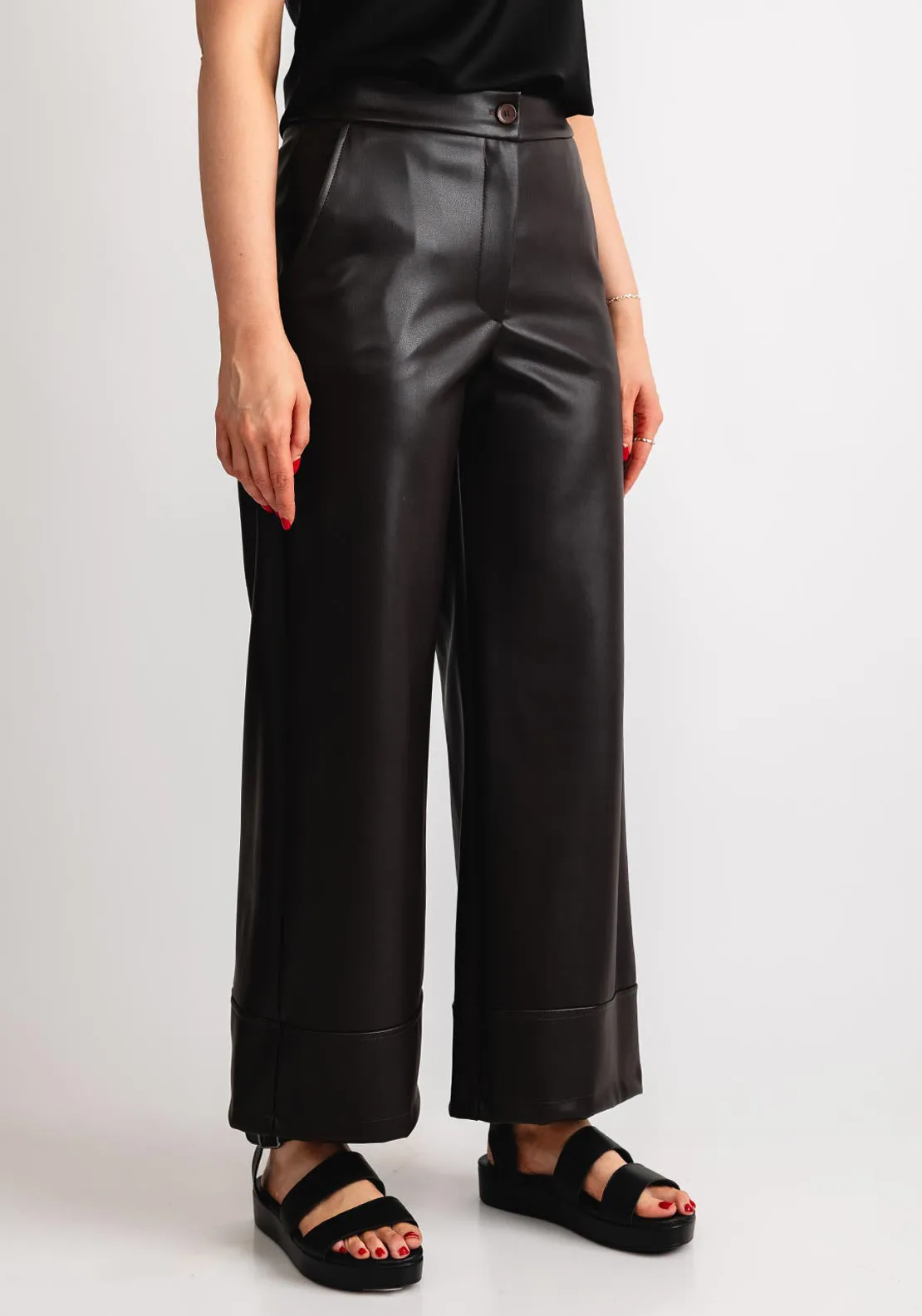 Naya Faux Leather Wide Leg Trousers, Brown