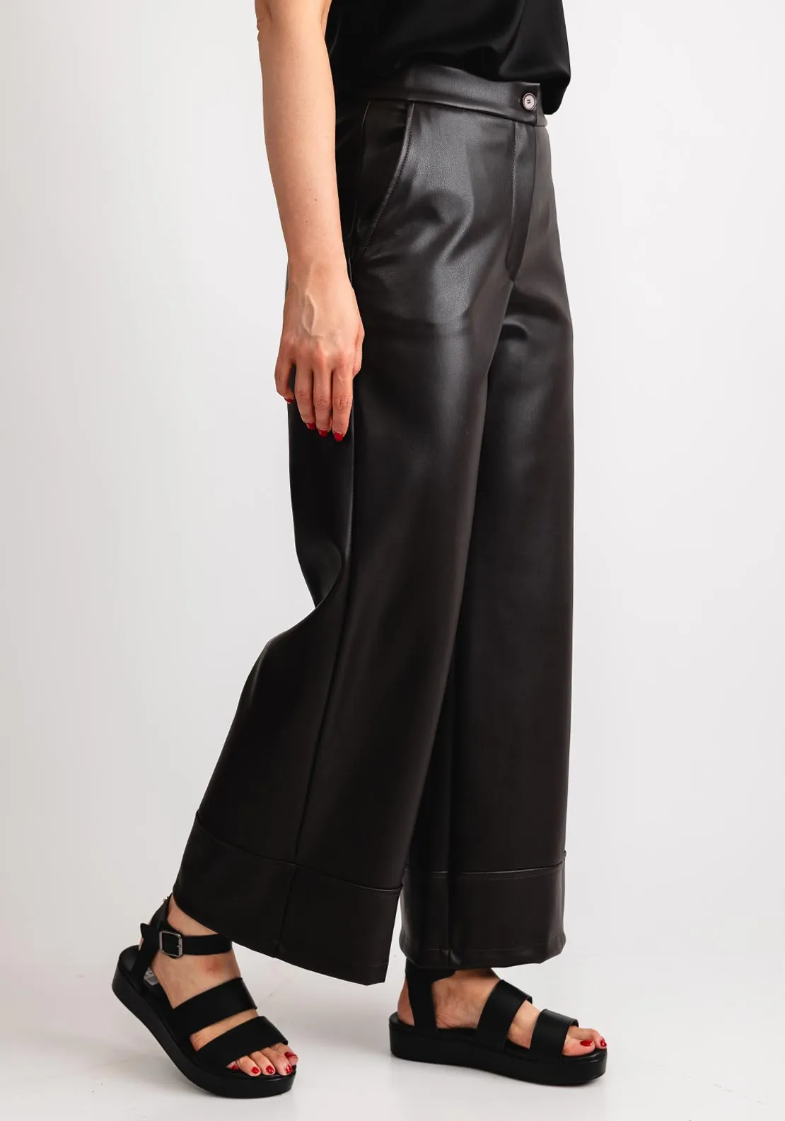 Naya Faux Leather Wide Leg Trousers, Brown