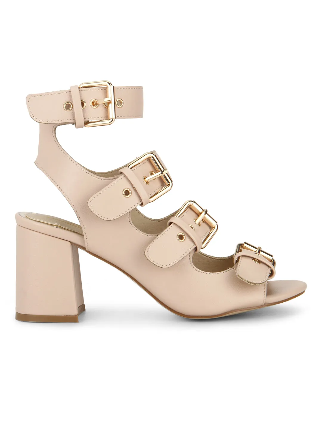 Nude Buckle Detail Ankle Strap Low Block Heels