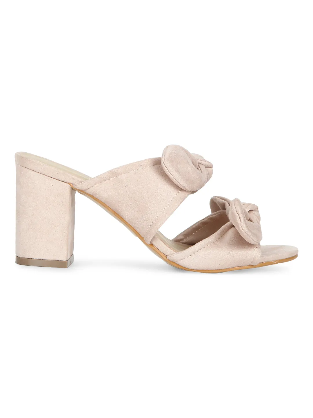 Nude Microfibre Double Bow Low Block Heels