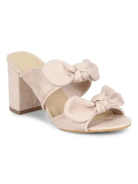 Nude Microfibre Double Bow Low Block Heels