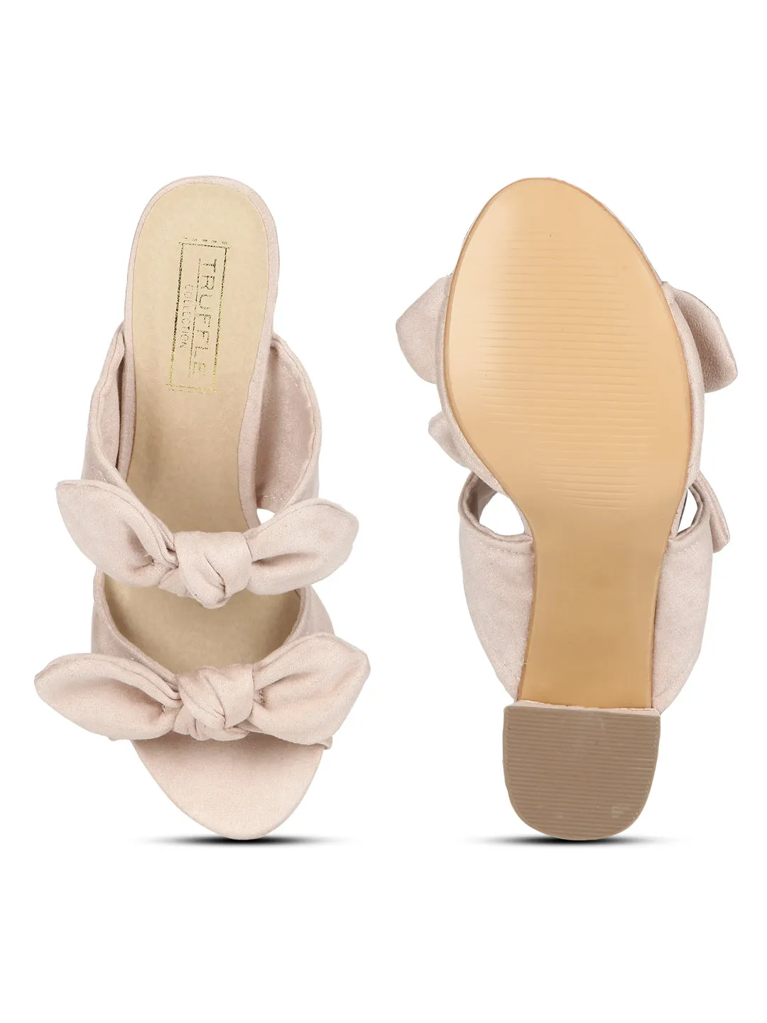 Nude Microfibre Double Bow Low Block Heels