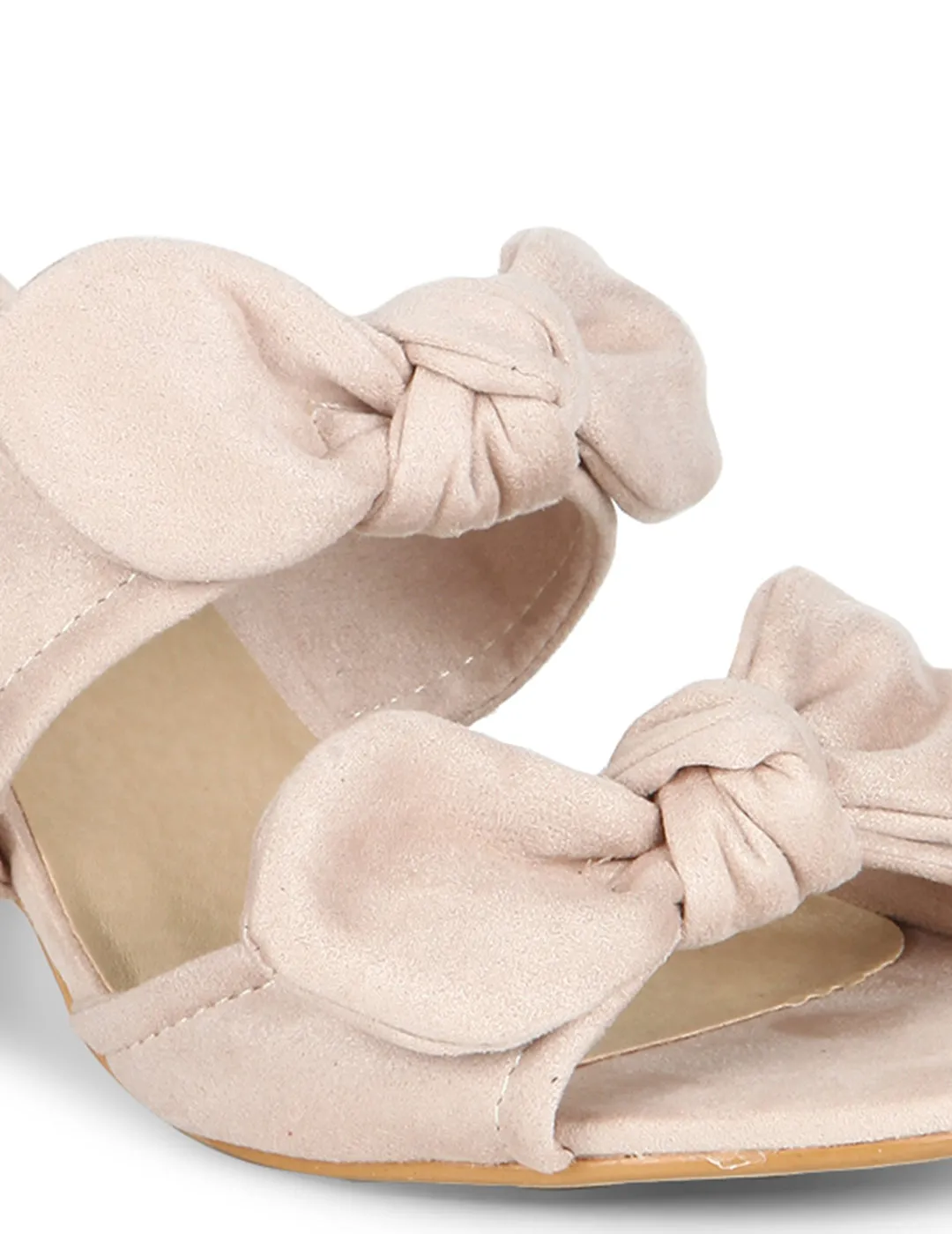 Nude Microfibre Double Bow Low Block Heels