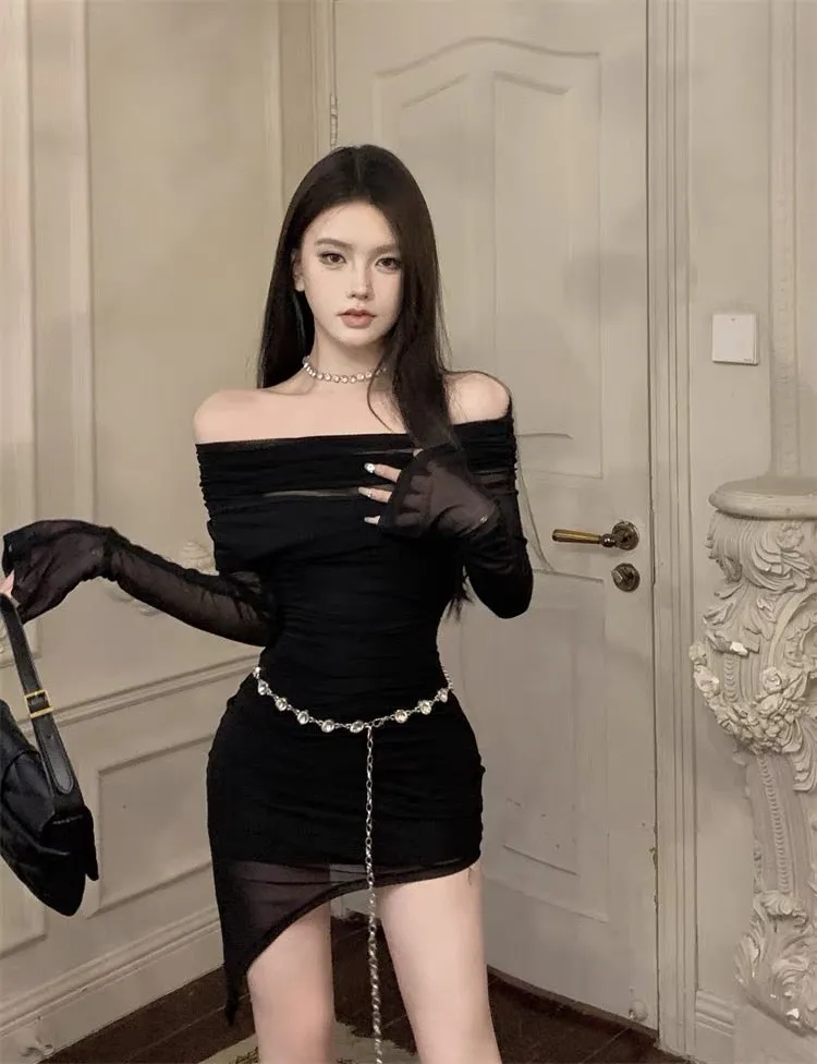 One-shoulder slim-fitting bottoming dress hot girl short design niche women's autumn and winter irregular hip-hugging skirt A226