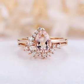 Pear Morganite Cluster Diamond Bridal set Rose Gold