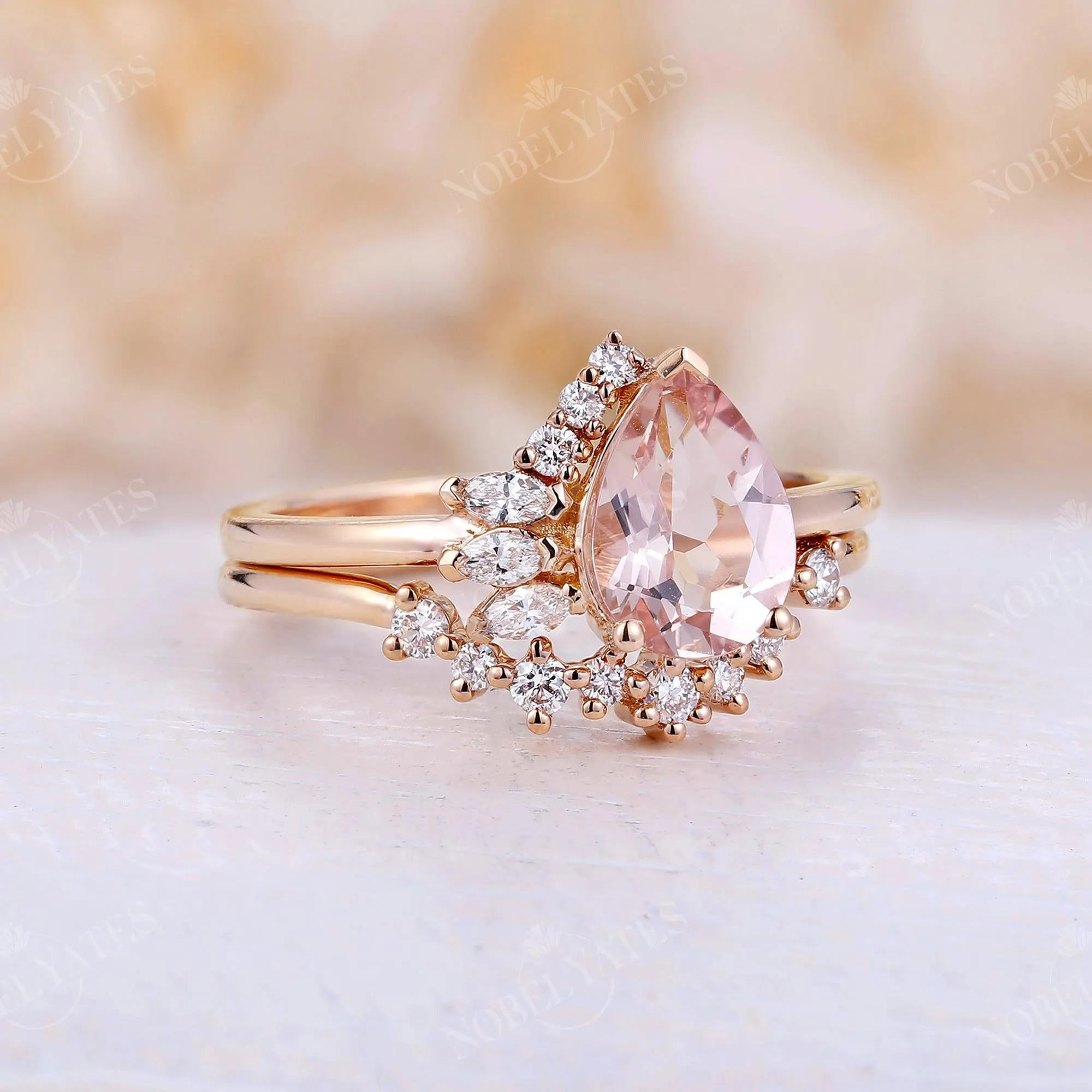 Pear Morganite Cluster Diamond Bridal set Rose Gold