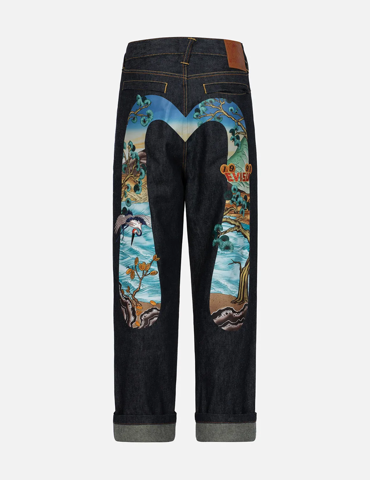 Pine-pattern Daicock Print with Crane and Logo Embroidery Wide Leg Jeans