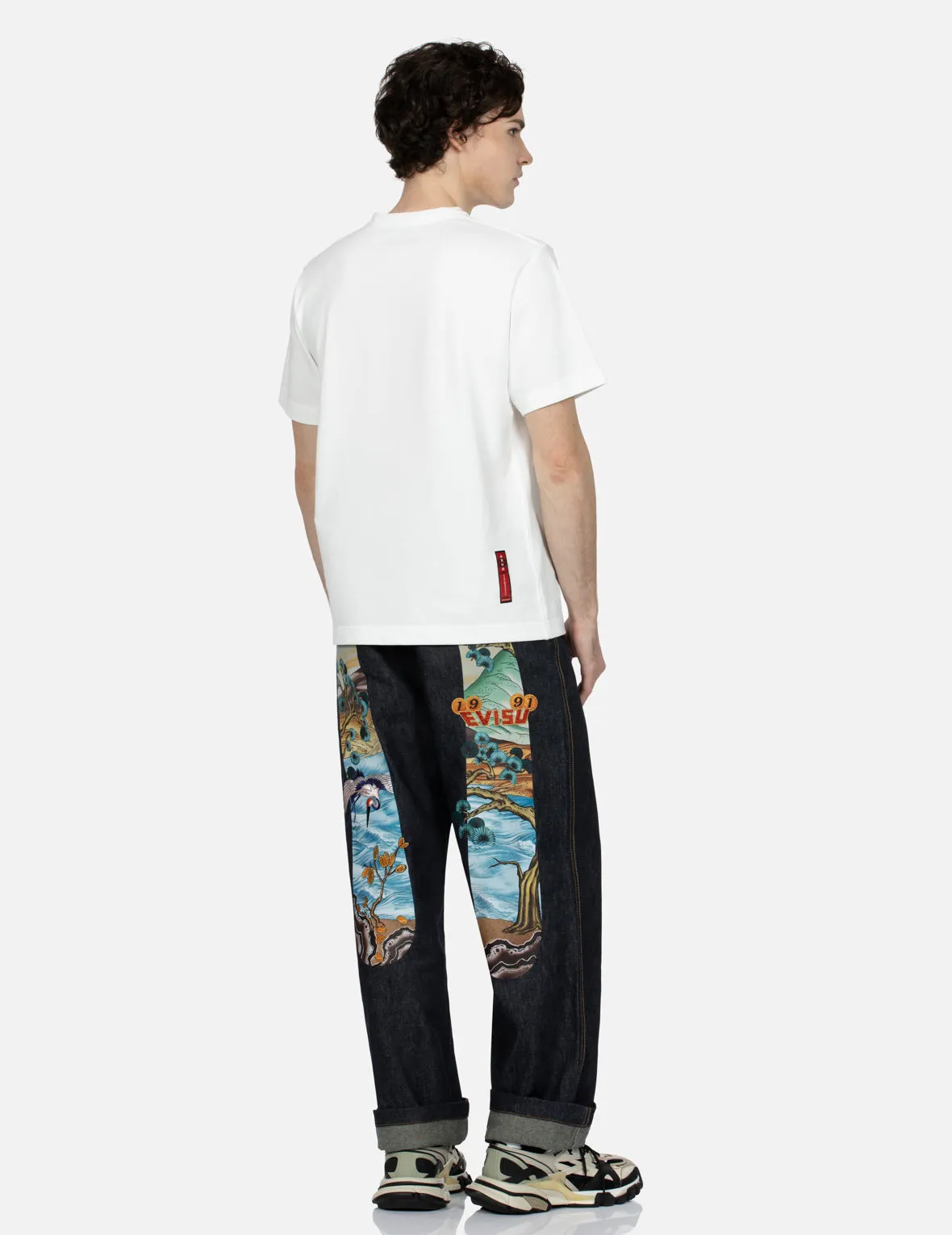 Pine-pattern Daicock Print with Crane and Logo Embroidery Wide Leg Jeans