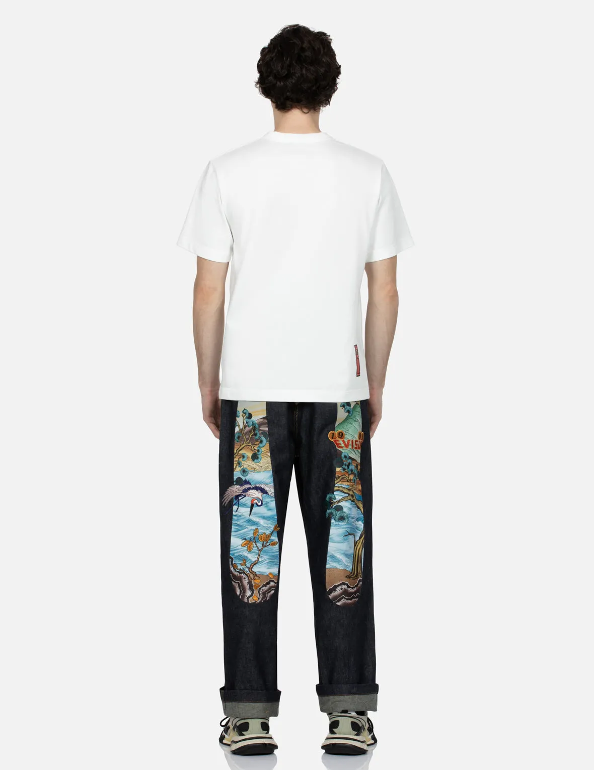 Pine-pattern Daicock Print with Crane and Logo Embroidery Wide Leg Jeans