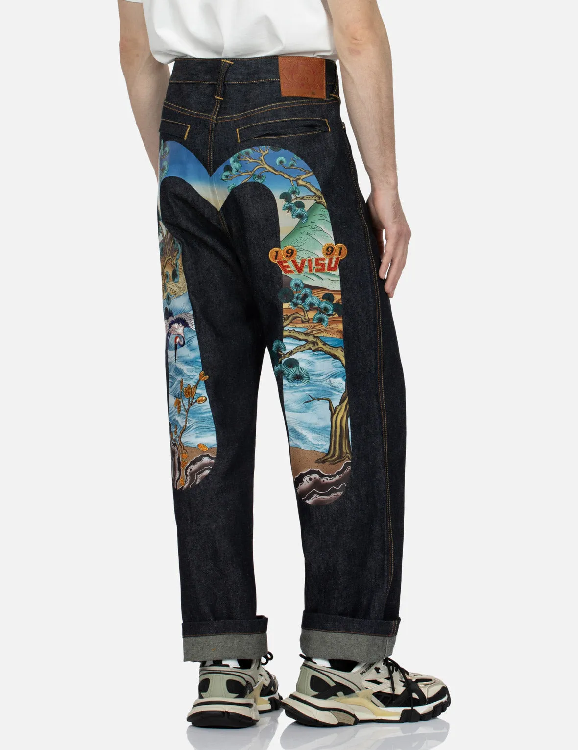 Pine-pattern Daicock Print with Crane and Logo Embroidery Wide Leg Jeans