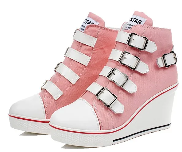 Pink Canvas Buckle Strap Wedge Sneakers