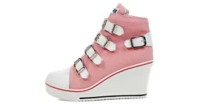 Pink Canvas Buckle Strap Wedge Sneakers