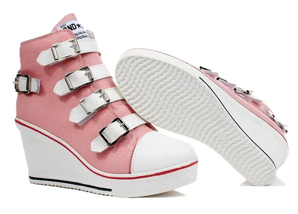 Pink Canvas Buckle Strap Wedge Sneakers