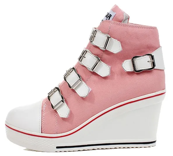 Pink Canvas Buckle Strap Wedge Sneakers