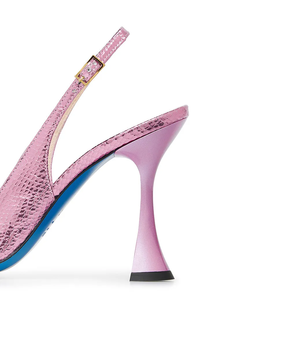 Pink leather slingback pumps with printed design.