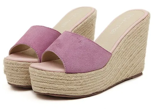 Pink Suede Straw Knitted Wedges Sandals