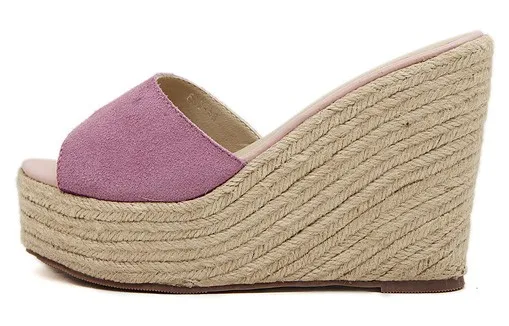 Pink Suede Straw Knitted Wedges Sandals