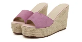 Pink Suede Straw Knitted Wedges Sandals