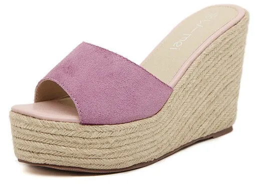 Pink Suede Straw Knitted Wedges Sandals