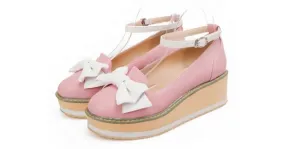 Pink White Bow Ballets Wedges Flats