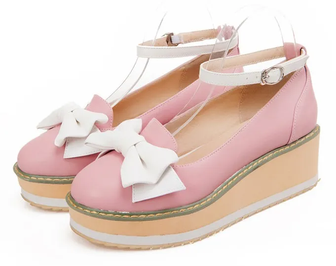 Pink White Bow Ballets Wedges Flats