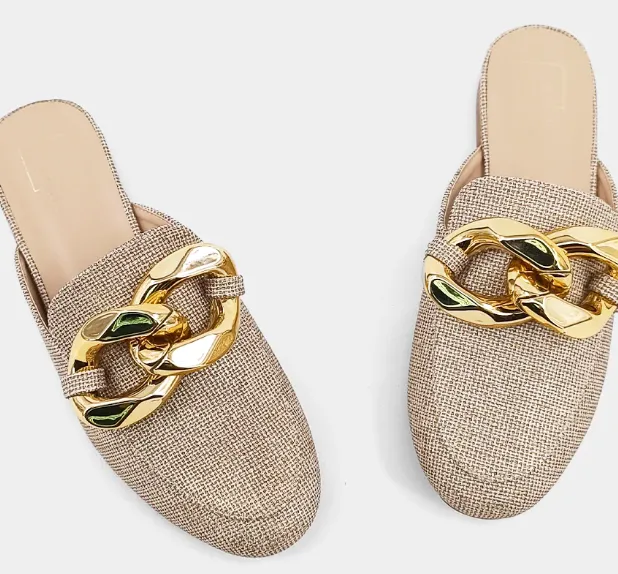 PREORDER Alexis Chain Detail Mules (Gold Woven)