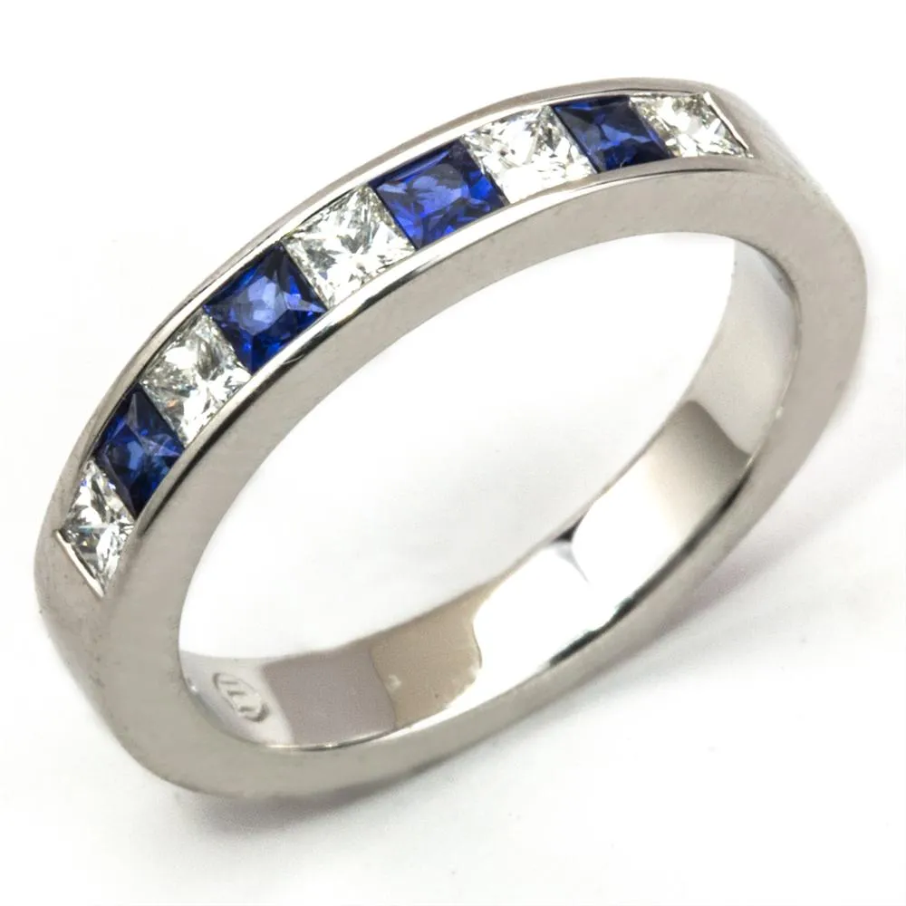 Princess Cut Sapphire & Diamond Channel Set White Gold Wedding Band Ring 18K