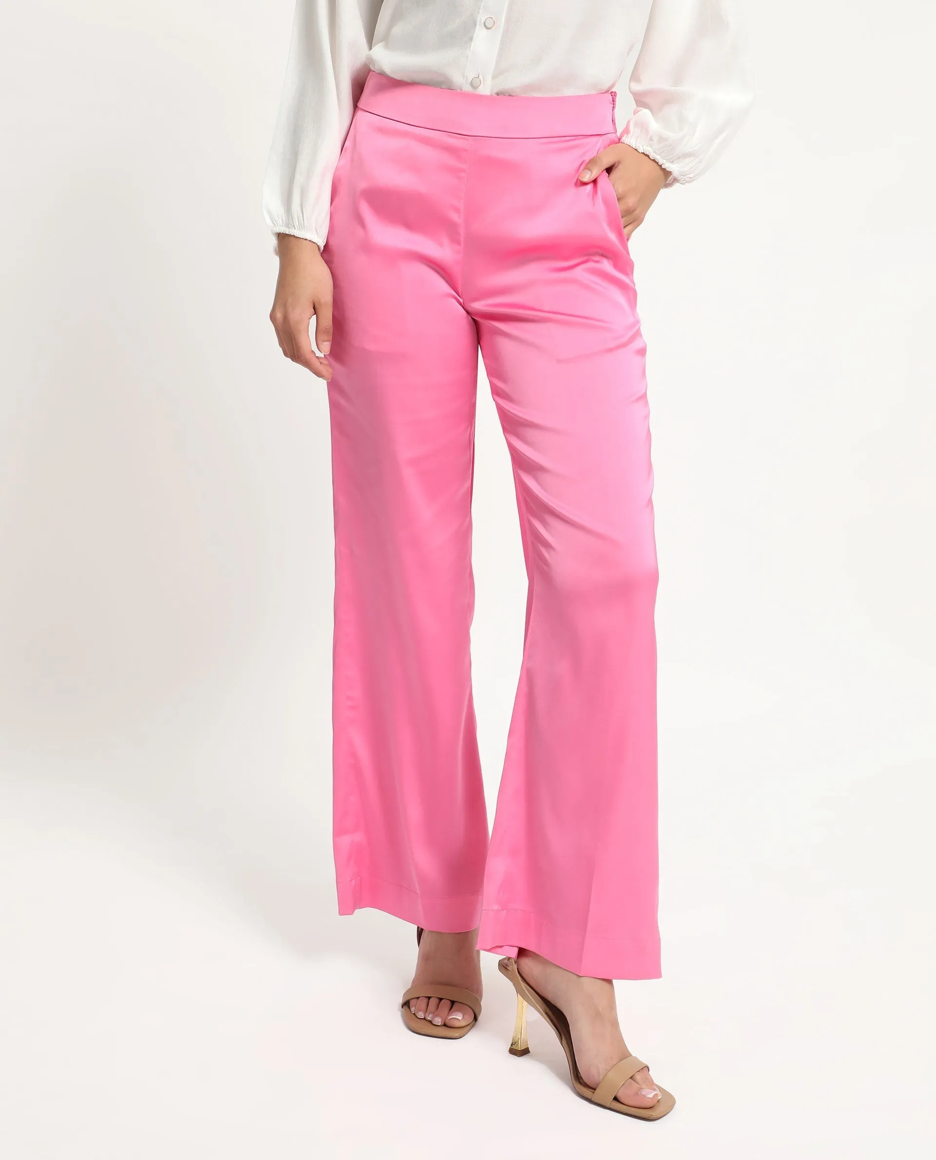 Rareism Women Ucher Pink Polyester Fabric Zip Closure Relaxed Fit Plain Ankle Length Trousers