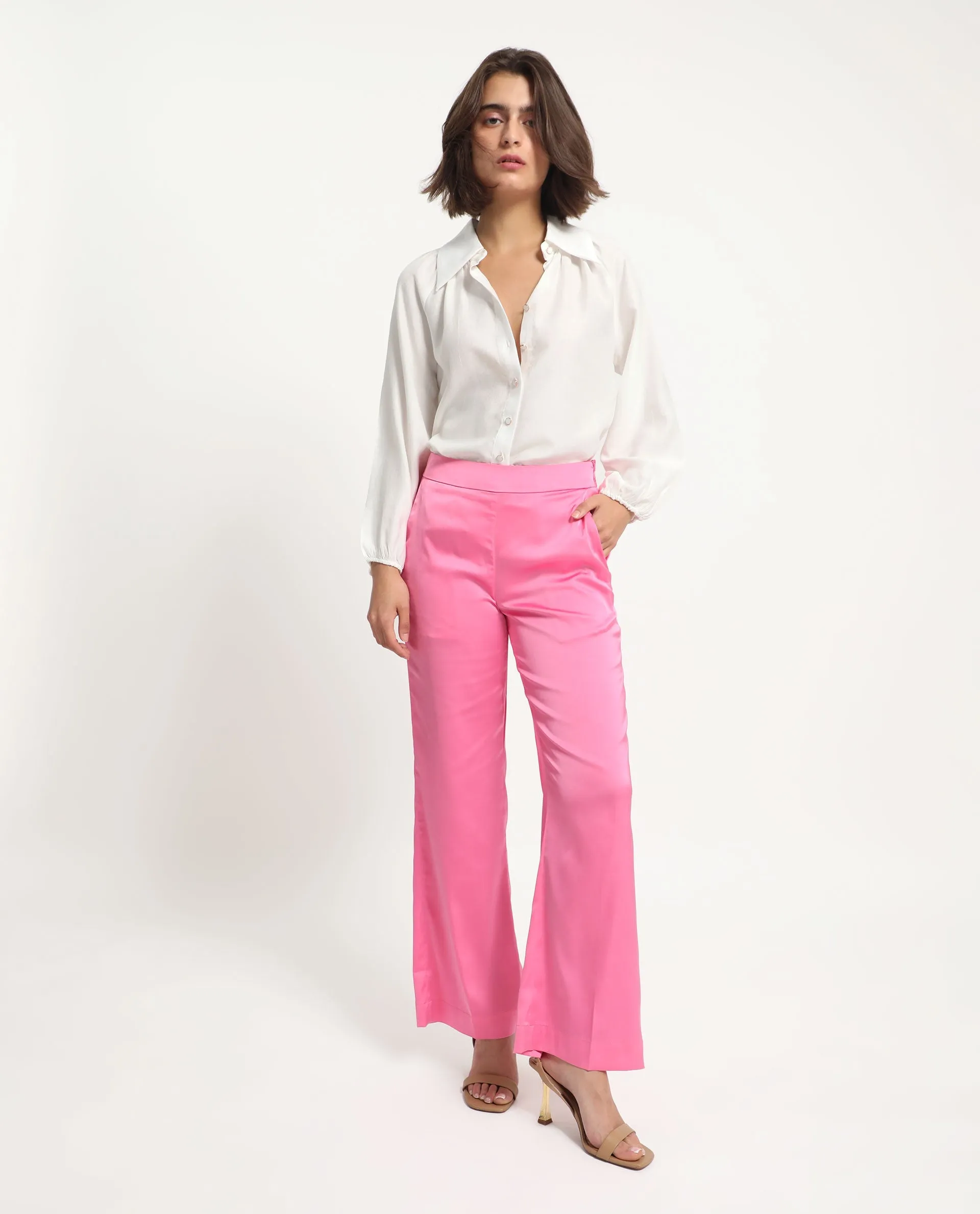 Rareism Women Ucher Pink Polyester Fabric Zip Closure Relaxed Fit Plain Ankle Length Trousers