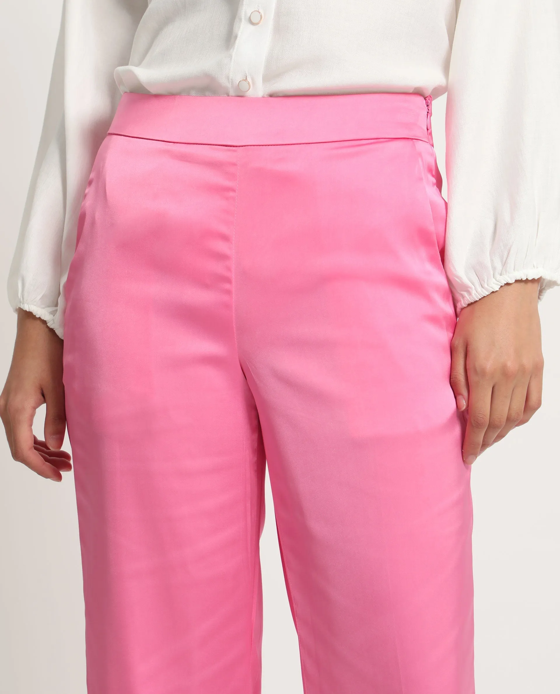 Rareism Women Ucher Pink Polyester Fabric Zip Closure Relaxed Fit Plain Ankle Length Trousers