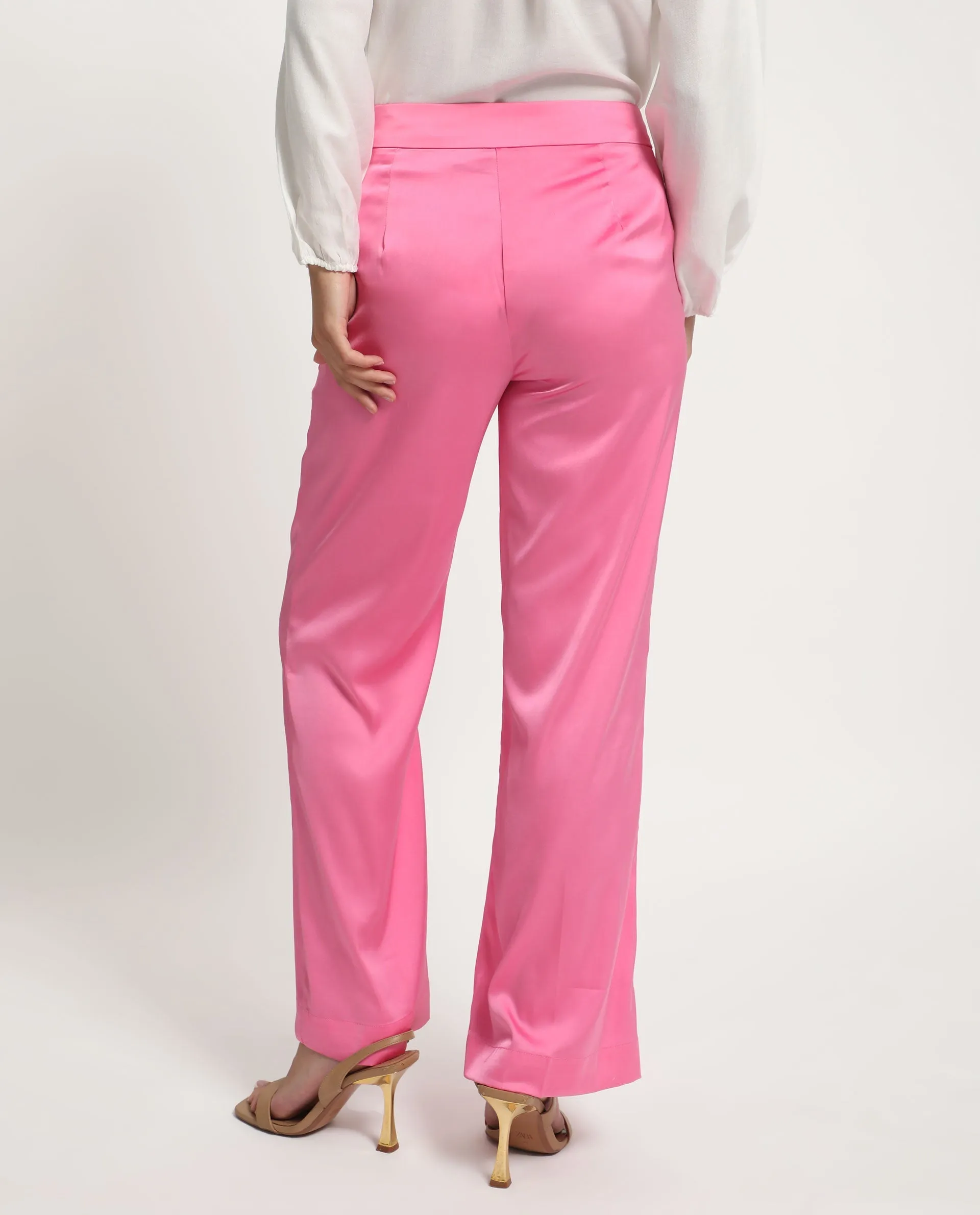 Rareism Women Ucher Pink Polyester Fabric Zip Closure Relaxed Fit Plain Ankle Length Trousers