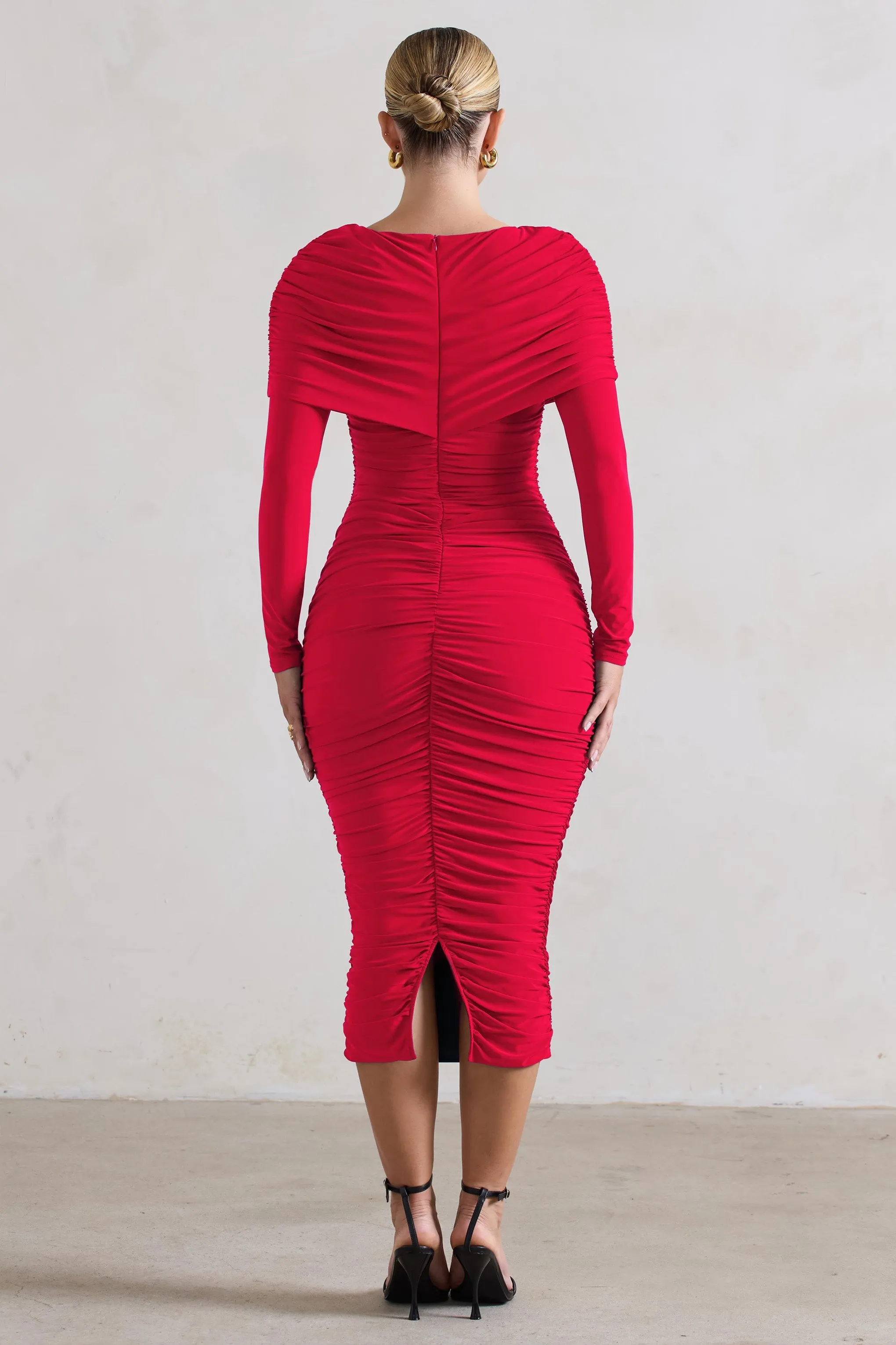 Red Long Sleeve Ruched Midi Dress with Draped Bardot Overlay - Lea.