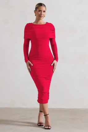 Red Long Sleeve Ruched Midi Dress with Draped Bardot Overlay - Lea.