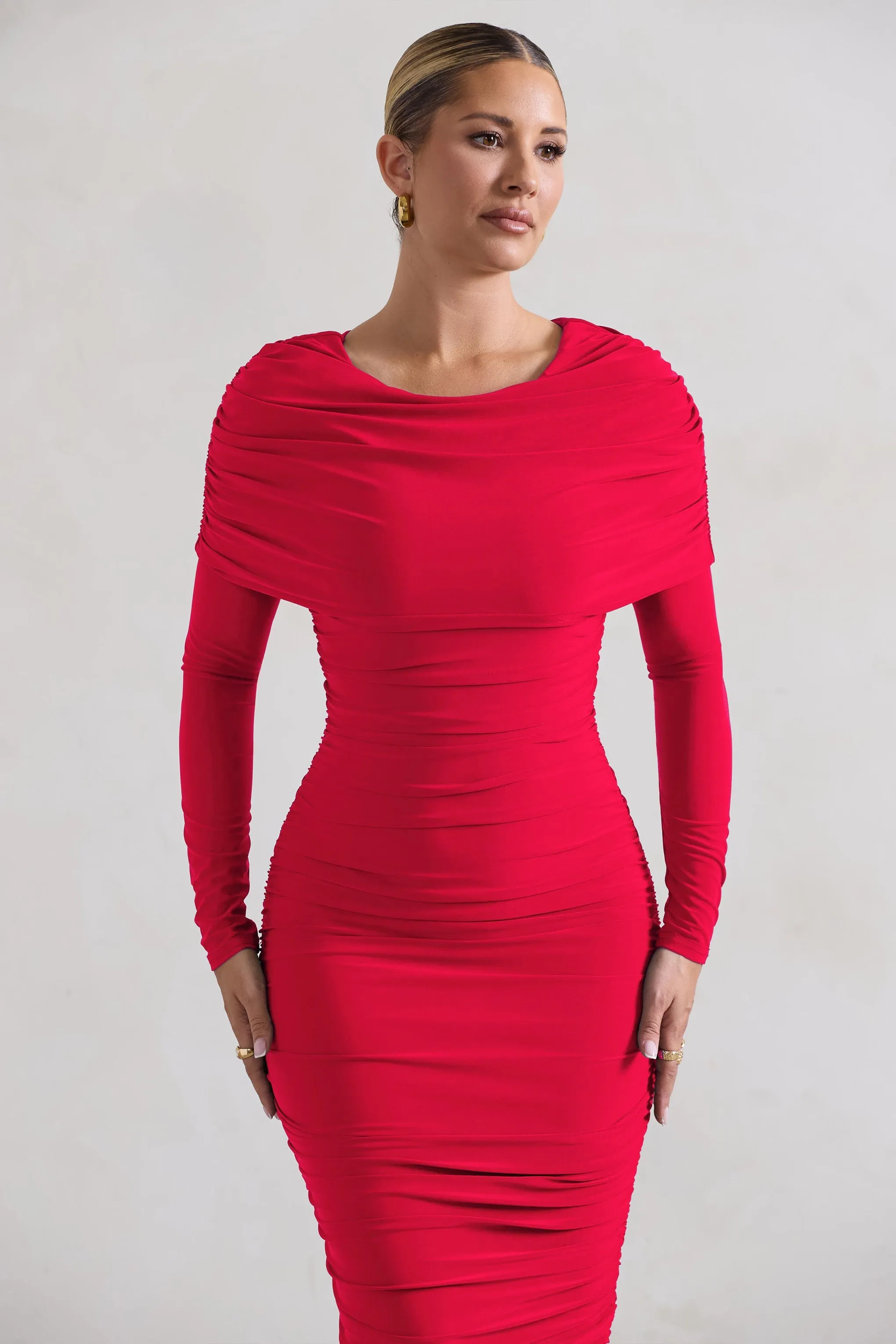 Red Long Sleeve Ruched Midi Dress with Draped Bardot Overlay - Lea.