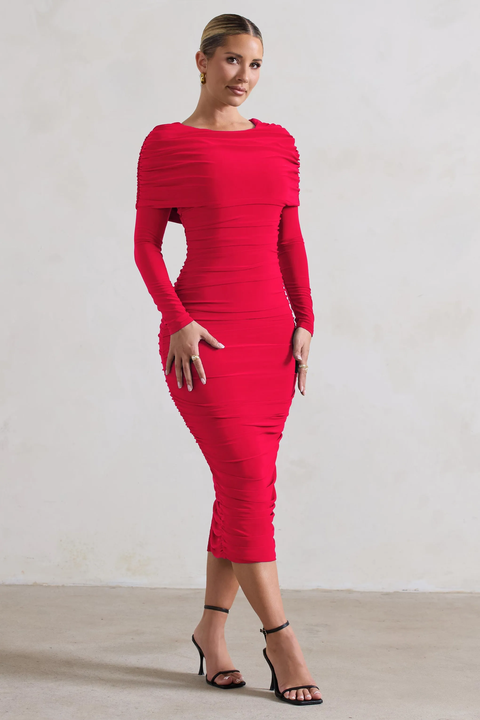 Red Long Sleeve Ruched Midi Dress with Draped Bardot Overlay - Lea.