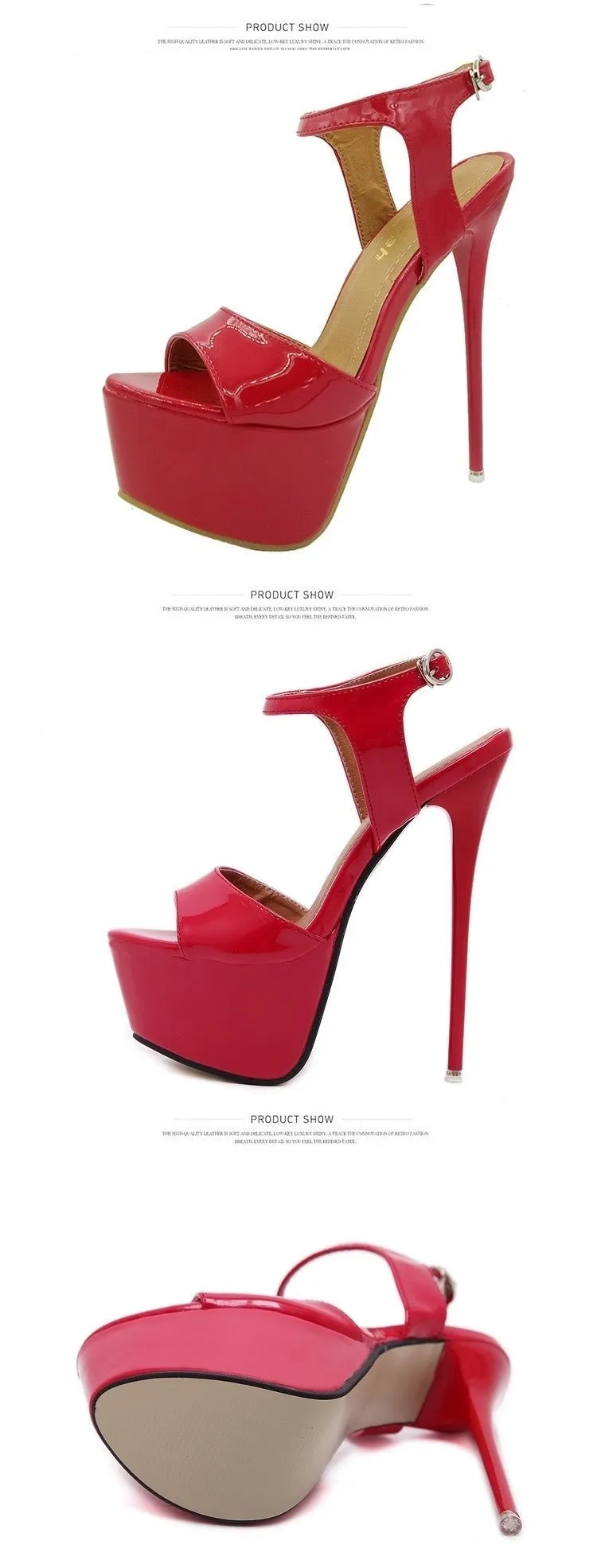 Red High Heel Sandals with Open Toe and Buckles for Nightclub Party