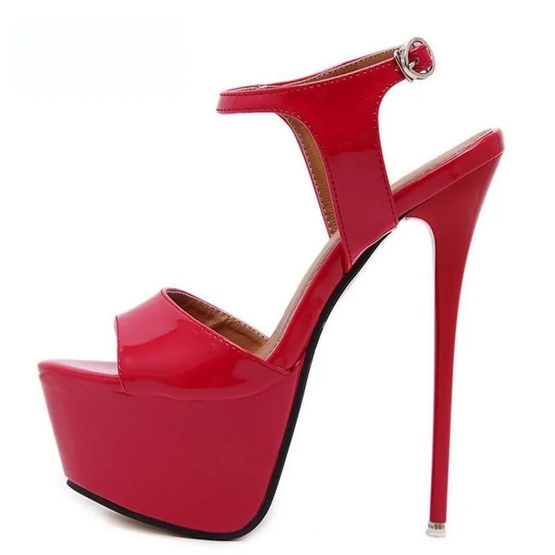 Red High Heel Sandals with Open Toe and Buckles for Nightclub Party