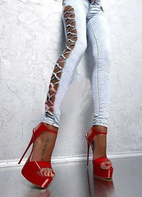 Red High Heel Sandals with Open Toe and Buckles for Nightclub Party